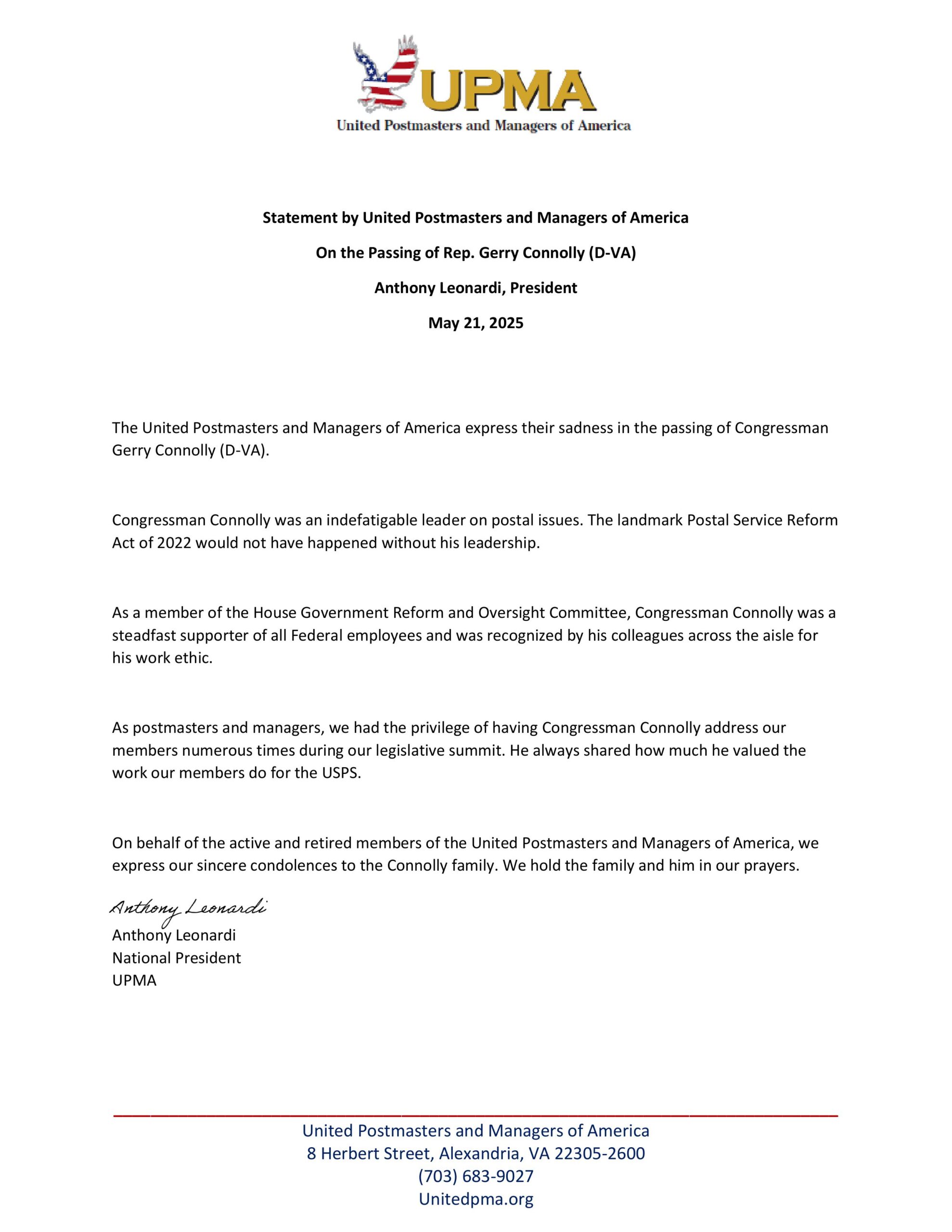 Statement by United Postmasters and Managers of America