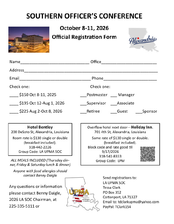 Southern Officers Conference Oct 8-11 2026 at the Hotel Bentley in Alexandria, LA. Register today.